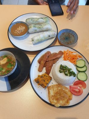 Broken rice, and lemongrass tofu rice paper rolls at Easy Vegan in Richmond