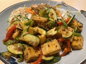 Tofu satay noodle bowl   at Easy Vegan in Richmond