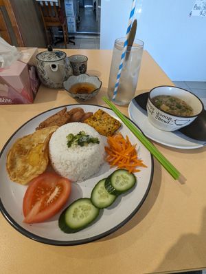 Broken Rice Combo (Cơm Tấm Chay) with Coconut Drink at Easy Vegan in Richmond
