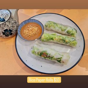 Rice Paper Roll with vegan prawn served with yummy peanut sauce. at Easy Vegan in Richmond