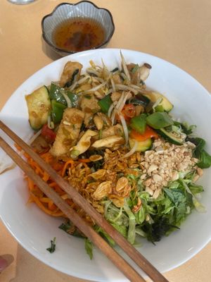 vegan meats rice vermicelli rice bowl at Easy Vegan in Richmond