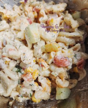 Pasta Salad with fresh dill, nooch, cucumbers, tomatoes, onions, and corn at Shawnee's Goodies Vegan Bakery & Cafe in Lilburn