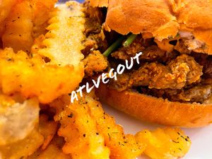 Mushroom burger with fries   at Shawnee's Goodies Vegan Bakery & Cafe in Lilburn