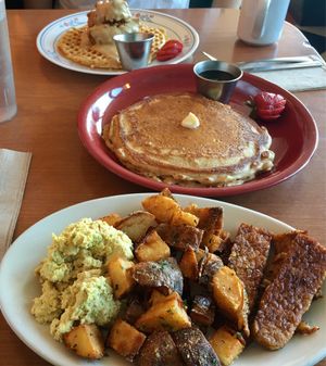 Classic breakfast and chik'n & waffle dish  at Cornbread Cafe in Eugene