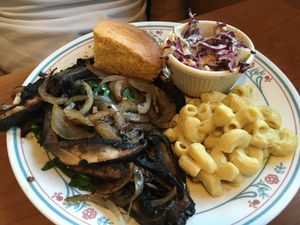Portobello and Onions, Mac Uncheese, Cornbread at Cornbread Cafe in Eugene