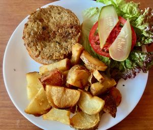 A gluten-free burger and gluten-free bun--a rare treat! at Cornbread Cafe in Eugene