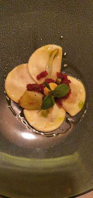 dumplings with dried tomatoes at Lackner Stubn in Lagundo