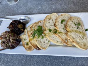 Bruschetta sampler w/olive tapenade and fig and raisin compote  at Lombardi's in Everett