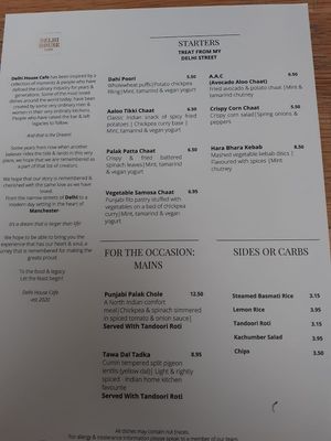 Separate vegan menu at Delhi House Cafe in Manchester
