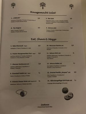 Vegane Gerichte gekennzeichnet (die Salate sind überwiegend auch vegan)   at Zaituna in Neuss