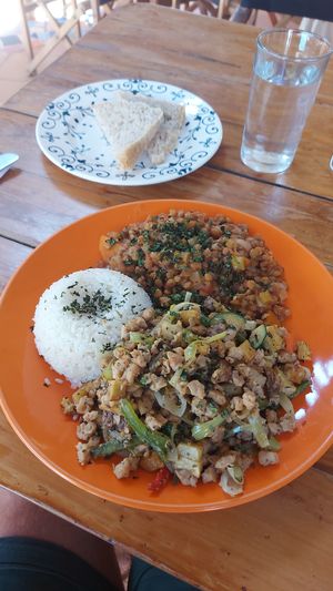 Lentil rice and soy protein dosh of the day. at Divanga Hostel in Taganga