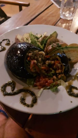 I chatted with the chef and he created a soy protein stuffed eggplant dish for me  at Divanga Hostel in Taganga