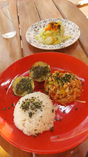 Dish of the day, rice, soy protein, potatoes and salad.  at Divanga Hostel in Taganga