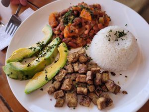 Tofu with beans (instead of lentils) at Divanga Hostel in Taganga