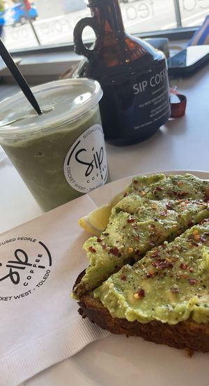 Avocado toast and a matcha latte with coconut milk   at SIP Coffee in Toledo