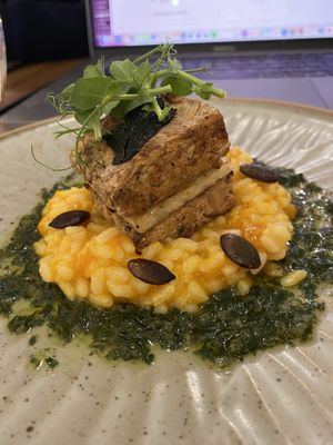 Pumpkin risotto with banana blossom and salsa verde #Veganuary at Orka in Hong Kong Island