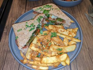 Curry club sandwich with masala fries at 5Tara in Sheffield