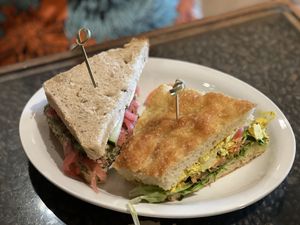 Chickpea salad sandwich and tofu salad sandwich. (Split with my mom so there’s half of each in the picture.)  at One World Cafe in Moscow