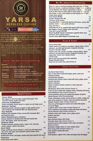 Menu, pg 1 of 2  at Yarsa Nepalese Cuisine in San Francisco