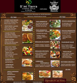 vegan and vegetarian menu at D'mi Tierra Comida típica in La Fortuna
