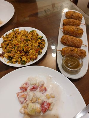 Yogurt chickpea salad, Indian tofu egg, veg kebabs at The Viridian Plate in Chennai