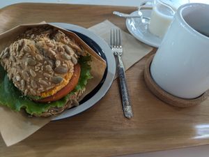 With coffee and oat milk at 395 Bakery in Seoul