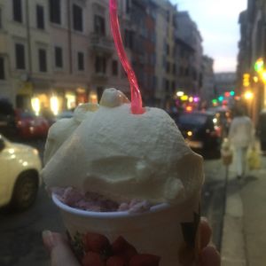 soy strawberry and soy vanilla in a €5 cup :)  at Il Gelatone in Rome