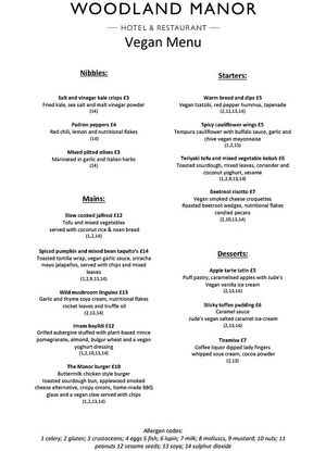 Our Full Vegan three-course menu served on Thursdays. at Woodland Manor Hotel & Restaurant in Clapham