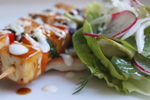 Teriyake Tofu and Mixed Vegetable Kebabs at Woodland Manor Hotel & Restaurant in Clapham