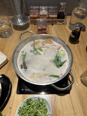 Vegan hot pot, with vegan ponzu sauce in the corner!  at Morfire in Seattle