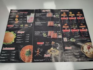 The menu of the restaurant. It includes various köfte dishes, variations of lahmacun, burger and dürum, as well as Turkish sushi, a tortellini dish, falafel and other snacks. at Oses Çiğ Köfte in Kaiserslautern