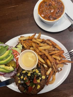 El Jefe (without cheddar cheese) and the vegan chilli non-carne   at Green Truck Pub in Savannah