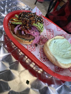 Wasabi veggie burger!!  at Super Crisp in Detroit