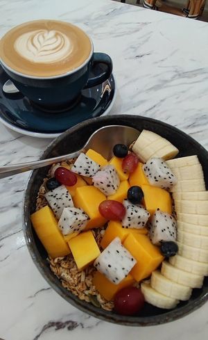 Granola bowl and Cappuccino with oatmilk at Summer Fresh in Ao Nang
