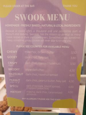 Menu three vegan options at Swookies in Brussels