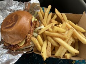 Pickle chick burger with fries  at Yumgrub in Dublin