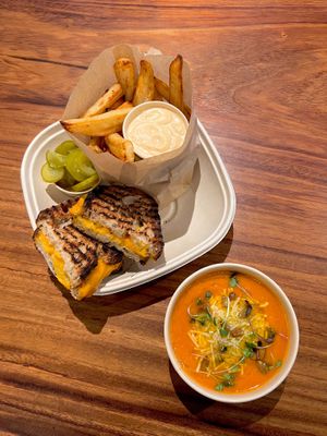 Grilled Cheeze + Tomato Parm Soup & Air Fries  at Happea's - Aventura in Miami