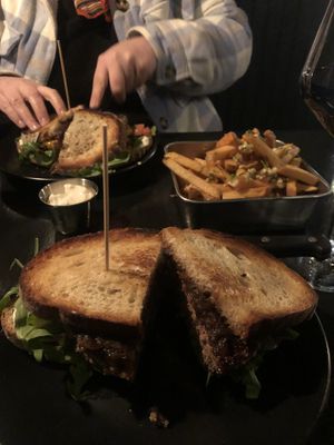 Vegan rosemary garlic burger & garlic fries with vegan garlic aioli   at Burger Box in New Paltz
