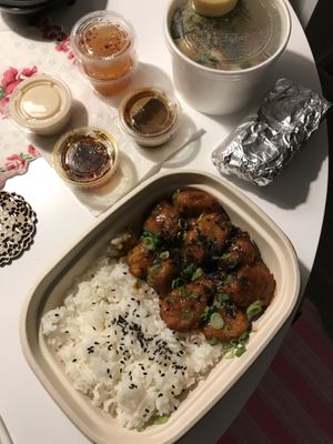 Vegan orange chikn box! And tons of sauces 😋 better than Panda!!!  at Plant Box in Austin