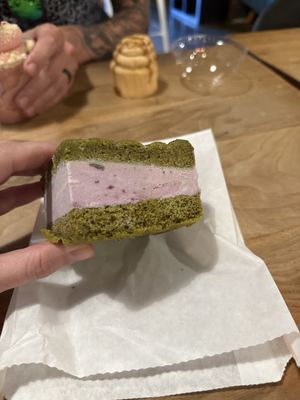 Green machine ice cream sandwich - lavender ice cream between matcha cookiess  at Sweet EMOtion KC in Kansas City