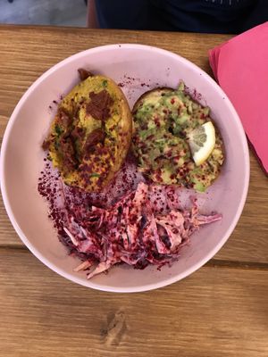 The Bageltastic bagel with hummus, sun dried tomatoes, avocado, and coleslaw.  at The Little Gem in Royal Wootton Bassett
