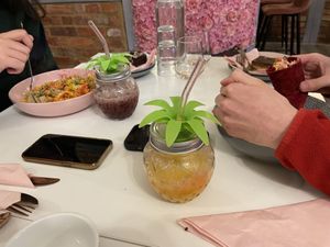 Rasta pasta and wrap. Chocolate raspberry brownie and mango and passion fruit smoothie   at The Little Gem in Royal Wootton Bassett