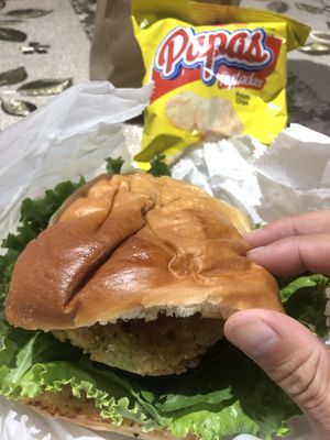 Vegana burger. comes with bag of crisps   at Villa Burger in Monteverde
