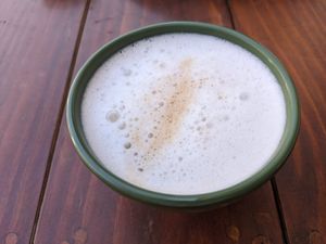 Cappuccino with coconut milk, delicious at Mejorana Cocina Temporal in Oaxaca