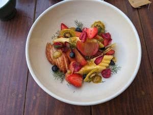 Beautiful fruit plate at Mejorana Cocina Temporal in Oaxaca