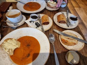 Soup, bagels and sausage rolls at Huggers in Norwich
