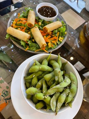 Spring rolls and edamame at Chenko's Gastronomía in Orosi