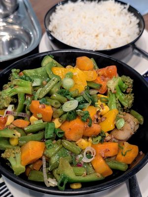 Mixed veggie stir fry with rice at Harbour Kitchen in Zanzibar