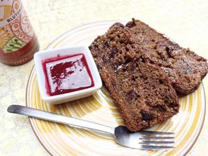 banana bread with cranberrys and raspberry sauce at Impact Café  in Cologne