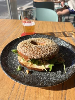 Vegan bagel with vegan cream cheese and walnuts   at Ubuntu in Tenerife